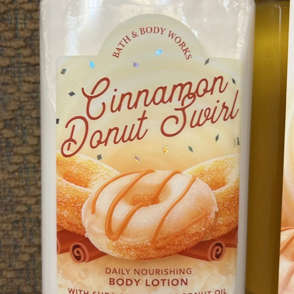 Bath and body cinnamon donut swirl body wash and lotion